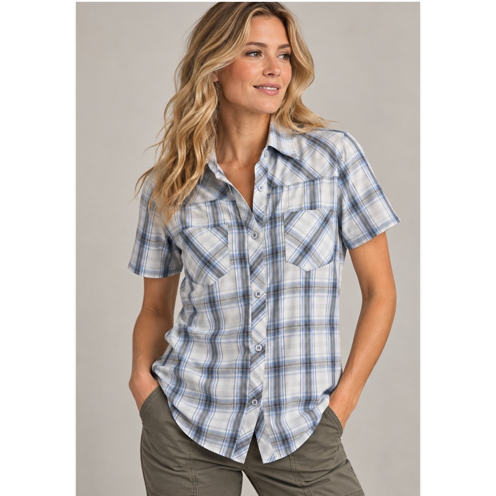 Kuhl Ionik Shirt Large Blue White Plaid Short Sleeve Button Down Hiking Outdoor